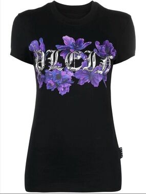 New Phillip plein Black Floral Graphic Tee with Purple Bloom Print